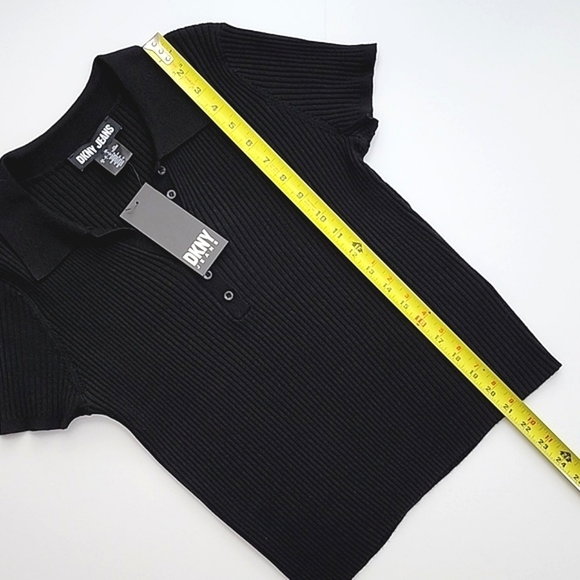 DKNY Women's Black Ribbed Knit Short Sleeve Collar Top Size Large - Picture 9 of 10